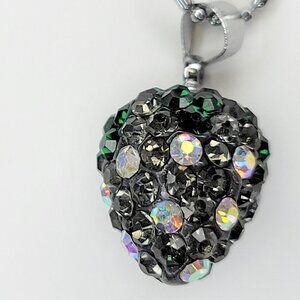 STRAWBERRY Shape Mini Green and Grey Rhinestone Small Pendant Necklace